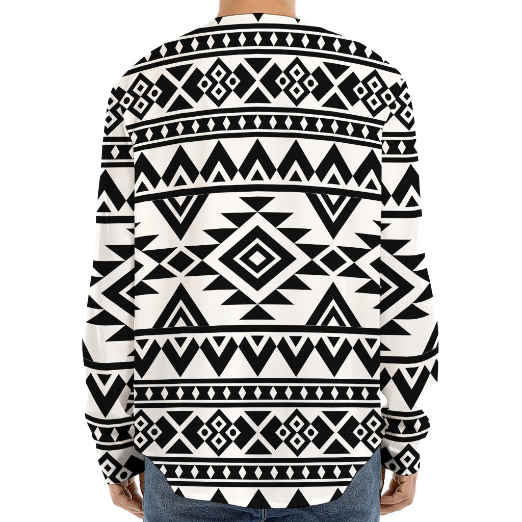 White And Black Aztec Pattern Print Long Sleeve Baseball Jersey