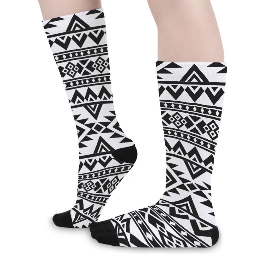 White And Black Aztec Pattern Print Long Socks