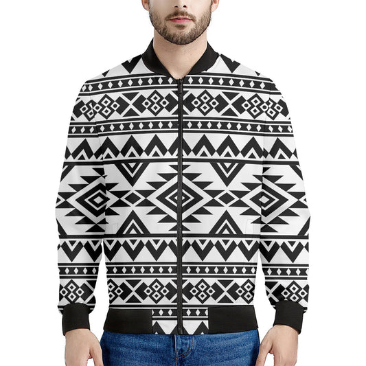 White And Black Aztec Pattern Print Men's Bomber Jacket