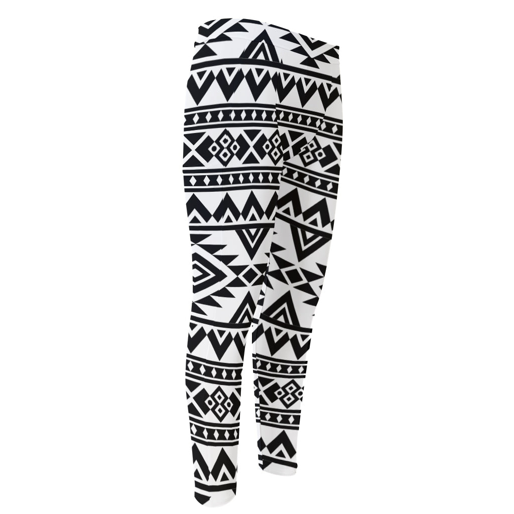 White And Black Aztec Pattern Print Men's Compression Pants