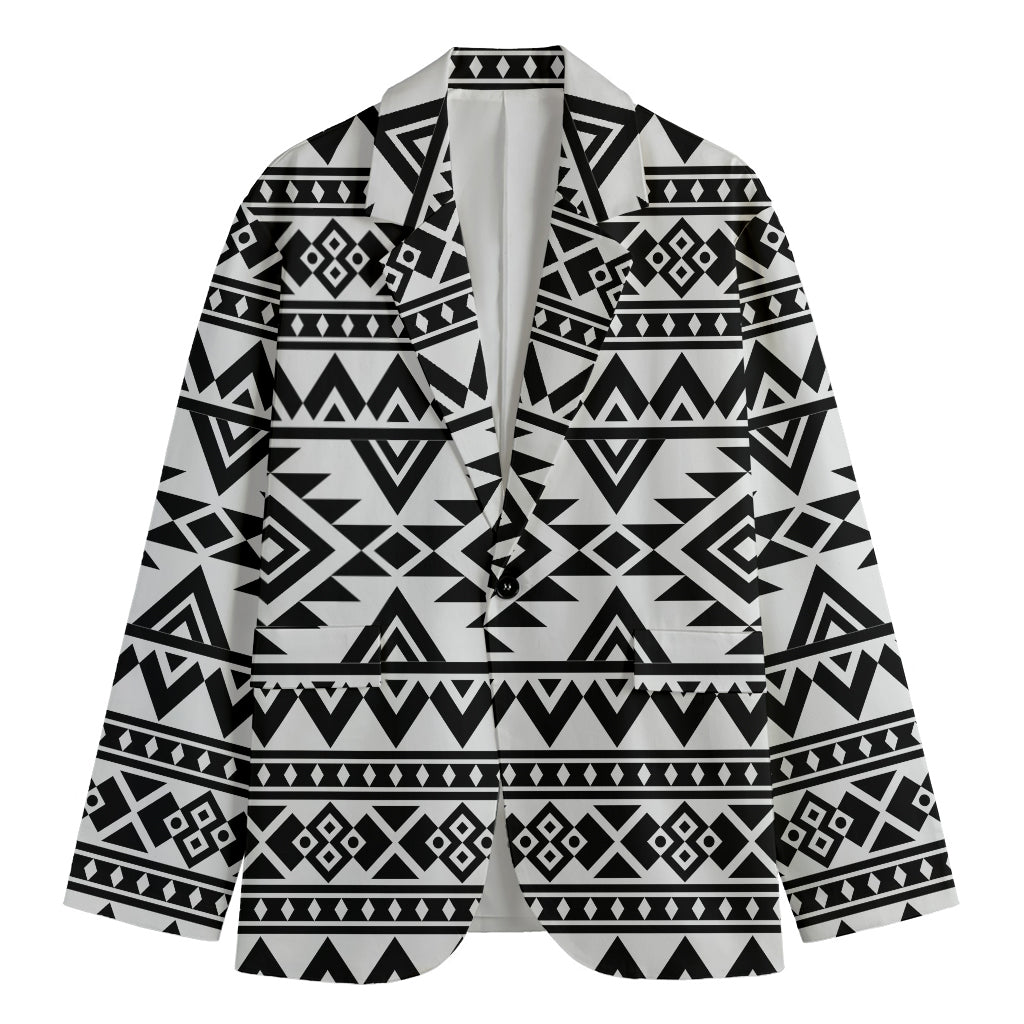 White And Black Aztec Pattern Print Men's Cotton Blazer