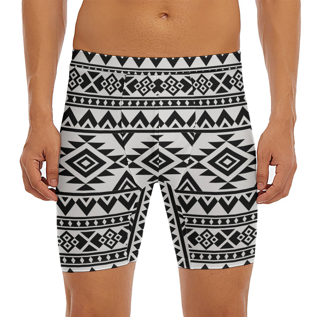 White And Black Aztec Pattern Print Men's Long Boxer Briefs