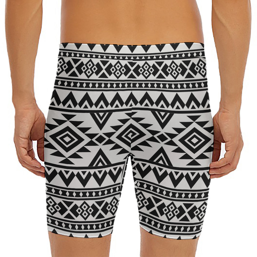 White And Black Aztec Pattern Print Men's Long Boxer Briefs