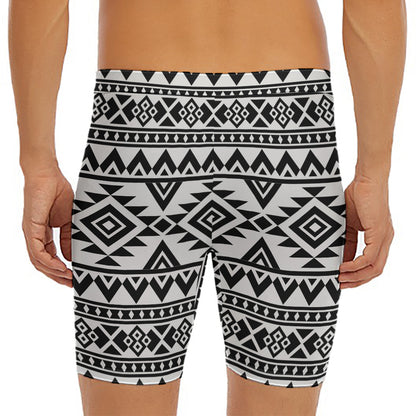 White And Black Aztec Pattern Print Men's Long Boxer Briefs