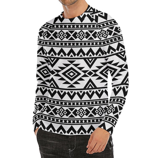 White And Black Aztec Pattern Print Men's Long Sleeve Rash Guard