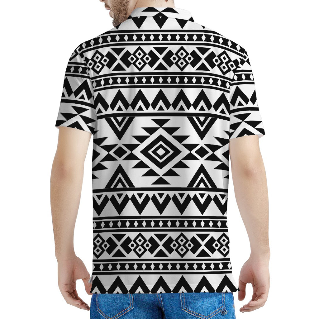 White And Black Aztec Pattern Print Men's Polo Shirt