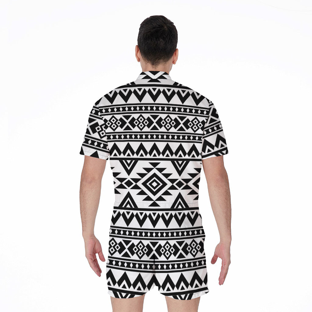 White And Black Aztec Pattern Print Men's Rompers