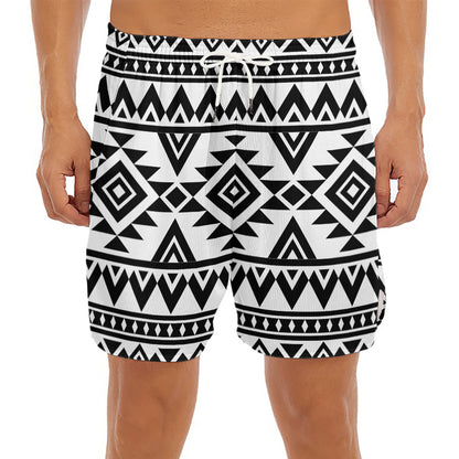 White And Black Aztec Pattern Print Men's Split Running Shorts