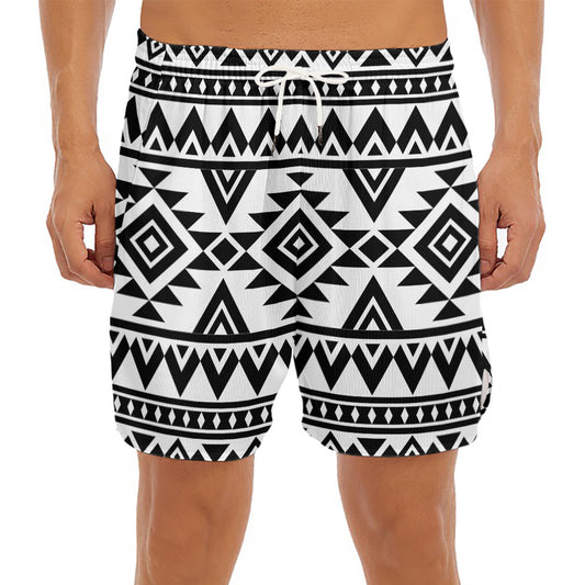 White And Black Aztec Pattern Print Men's Split Running Shorts