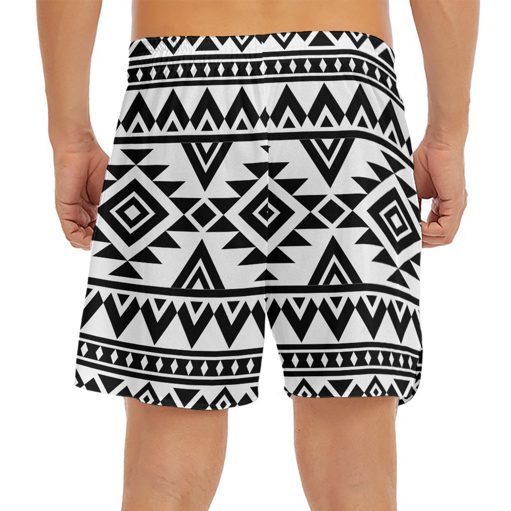 White And Black Aztec Pattern Print Men's Split Running Shorts