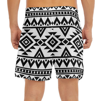 White And Black Aztec Pattern Print Men's Split Running Shorts
