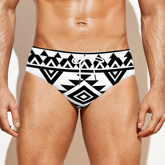 White And Black Aztec Pattern Print Men's Swim Briefs