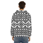 White And Black Aztec Pattern Print Men's Velvet Pullover Hoodie
