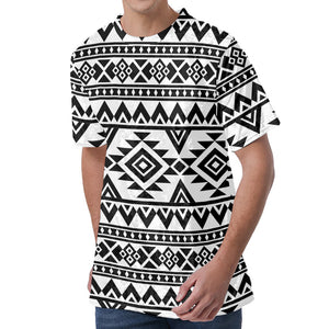 White And Black Aztec Pattern Print Men's Velvet T-Shirt