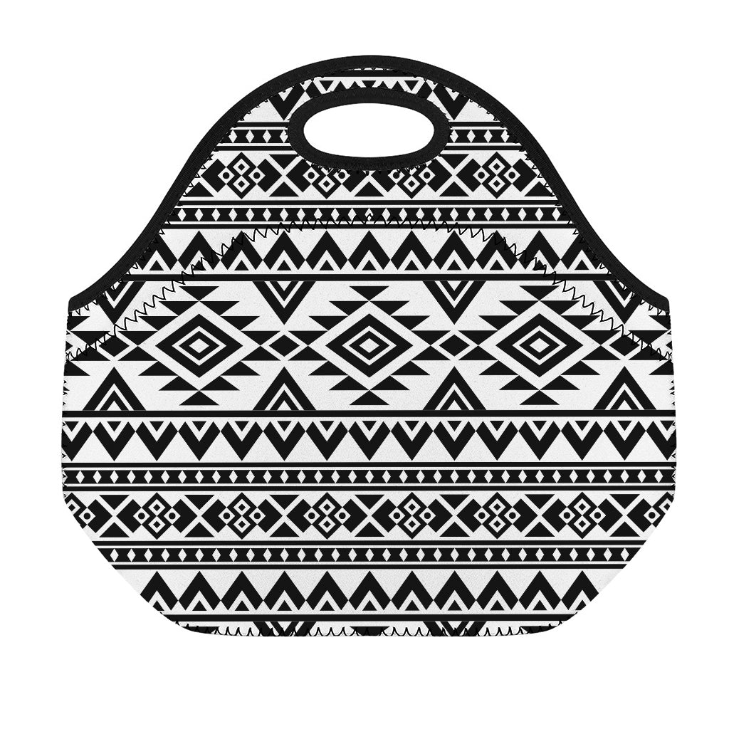 White And Black Aztec Pattern Print Neoprene Lunch Bag