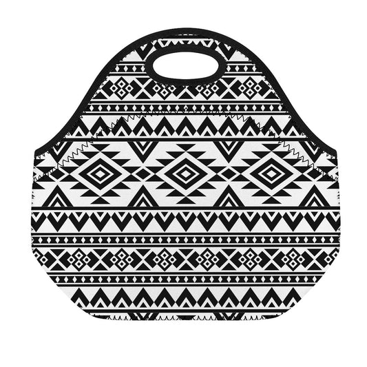 White And Black Aztec Pattern Print Neoprene Lunch Bag