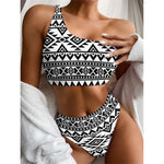 White And Black Aztec Pattern Print One Shoulder Bikini Top