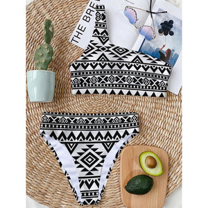 White And Black Aztec Pattern Print One Shoulder Bikini Top