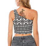 White And Black Aztec Pattern Print One Shoulder Crop Top