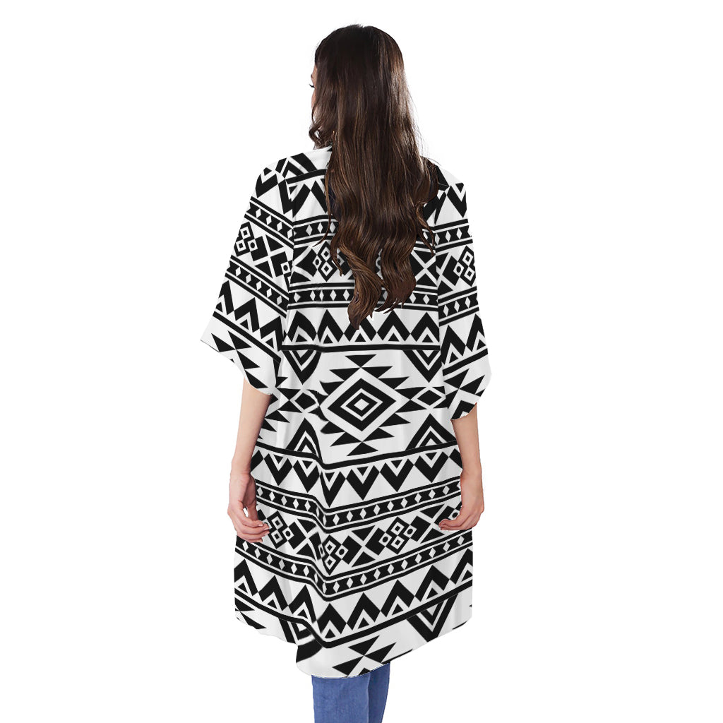 White And Black Aztec Pattern Print Open Front Beach Cover Up