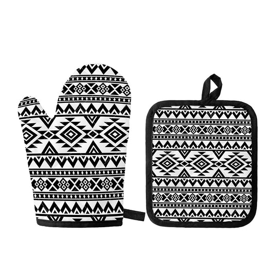 White And Black Aztec Pattern Print Oven Mitt And Pot Holder Set