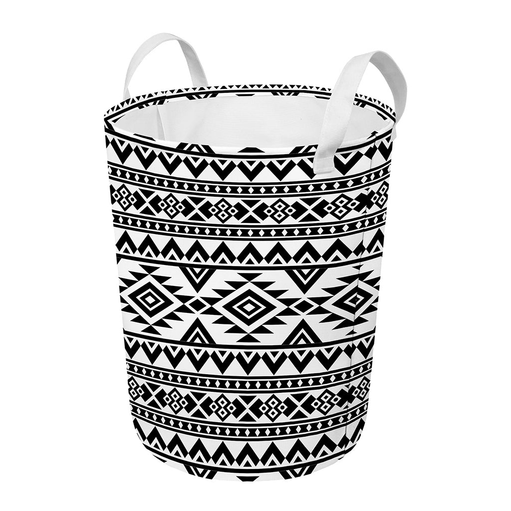 White And Black Aztec Pattern Print Round Laundry Basket