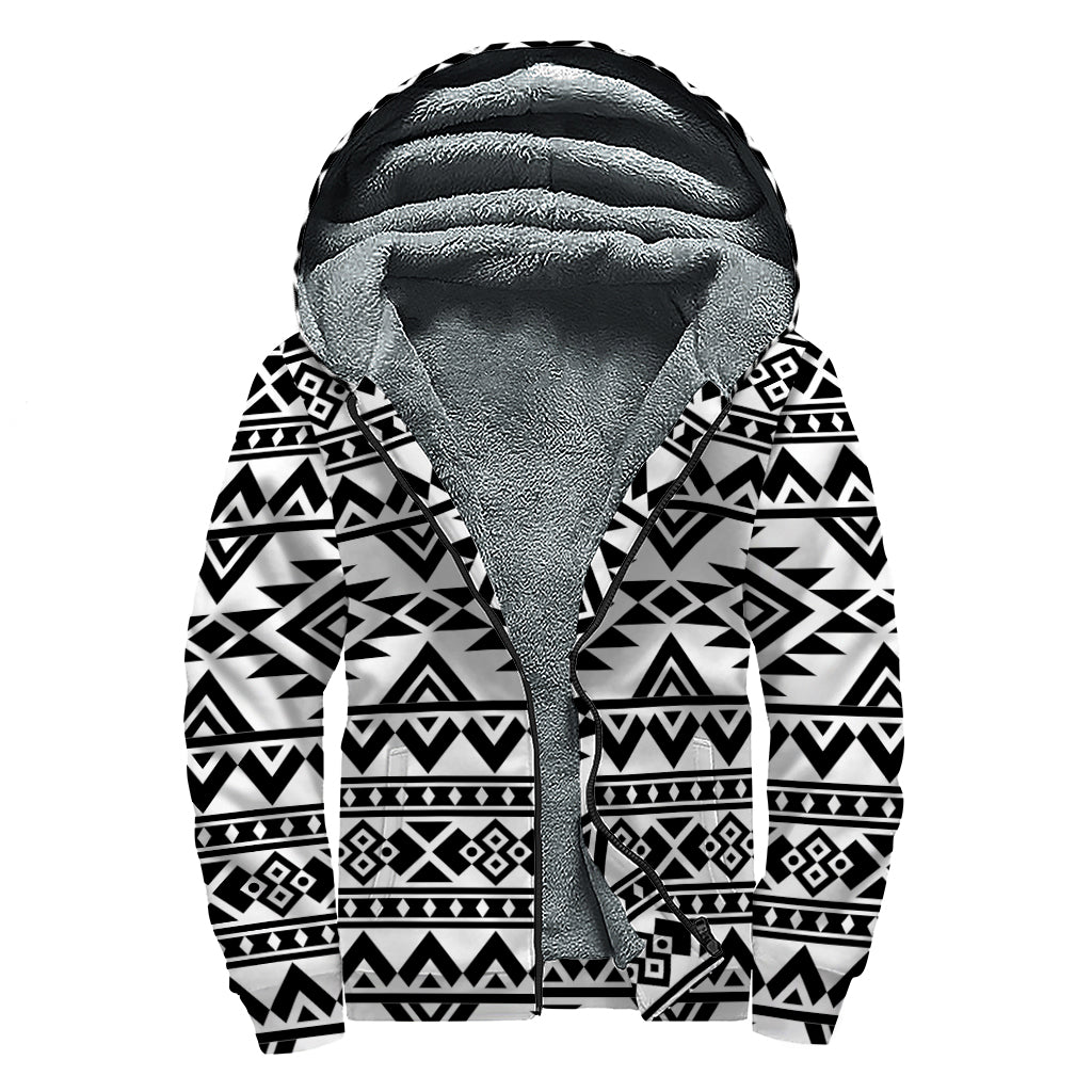 White And Black Aztec Pattern Print Sherpa Lined Zip Up Hoodie