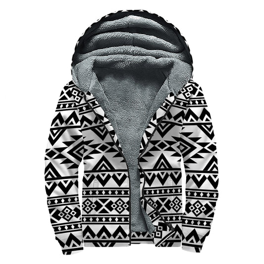 White And Black Aztec Pattern Print Sherpa Lined Zip Up Hoodie