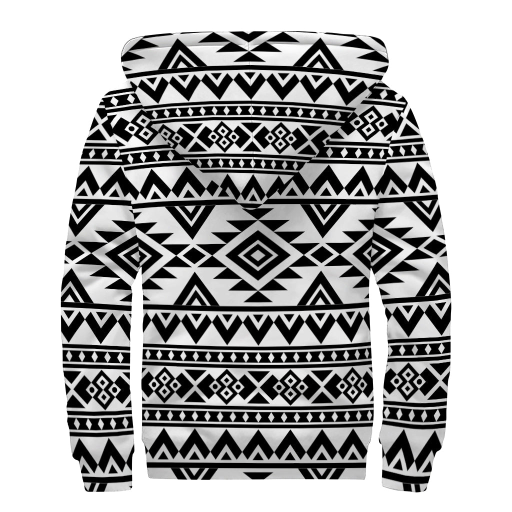 White And Black Aztec Pattern Print Sherpa Lined Zip Up Hoodie