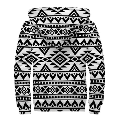 White And Black Aztec Pattern Print Sherpa Lined Zip Up Hoodie