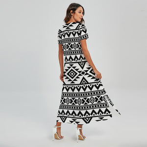 White And Black Aztec Pattern Print Short Sleeve Maxi Dress