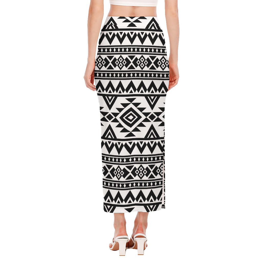 White And Black Aztec Pattern Print Side Slit Maxi Skirt