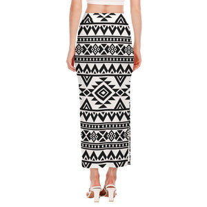 White And Black Aztec Pattern Print Side Slit Maxi Skirt