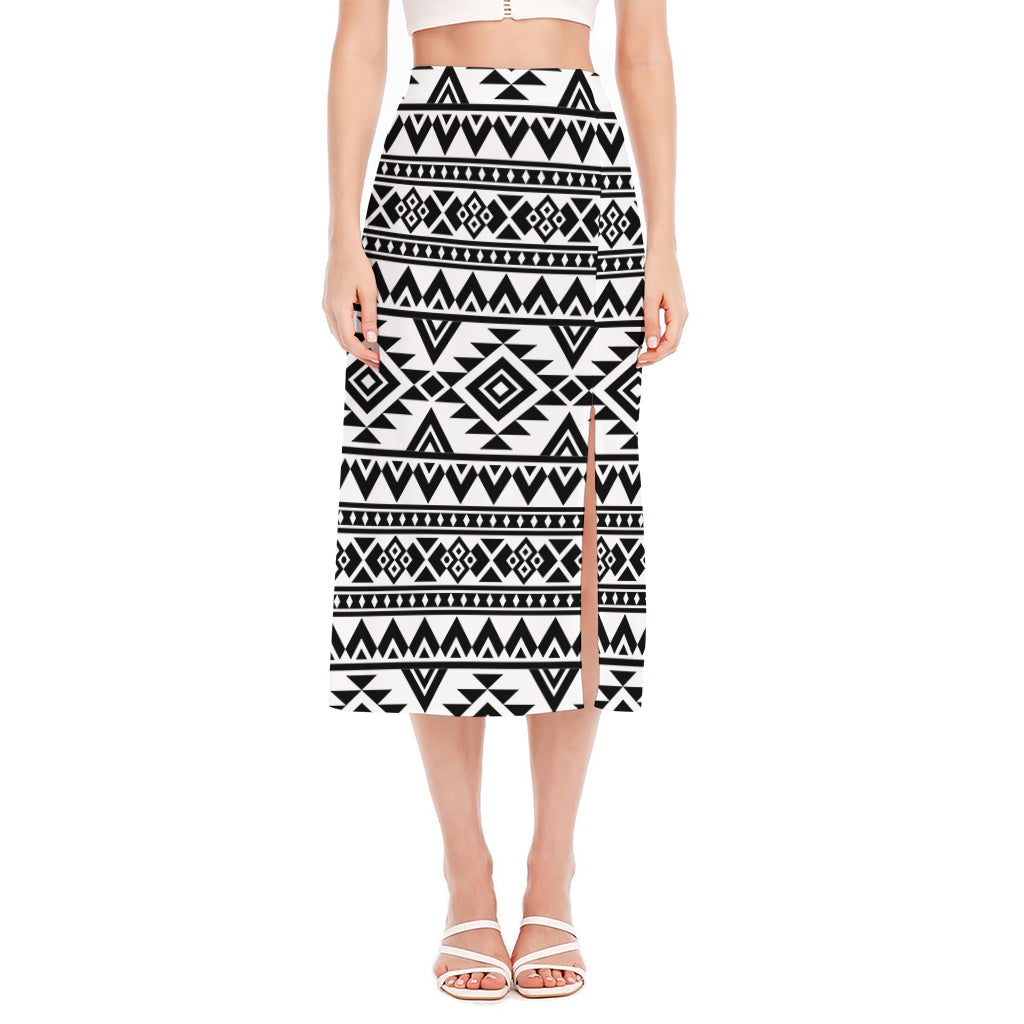 White And Black Aztec Pattern Print Side Slit Midi Skirt