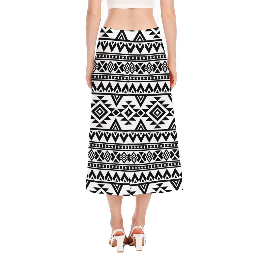 White And Black Aztec Pattern Print Side Slit Midi Skirt