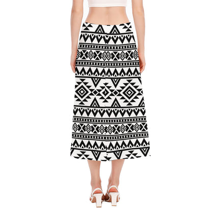 White And Black Aztec Pattern Print Side Slit Midi Skirt
