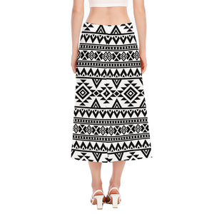 White And Black Aztec Pattern Print Side Slit Midi Skirt