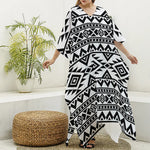 White And Black Aztec Pattern Print Silk V-Neck Kaftan Dress