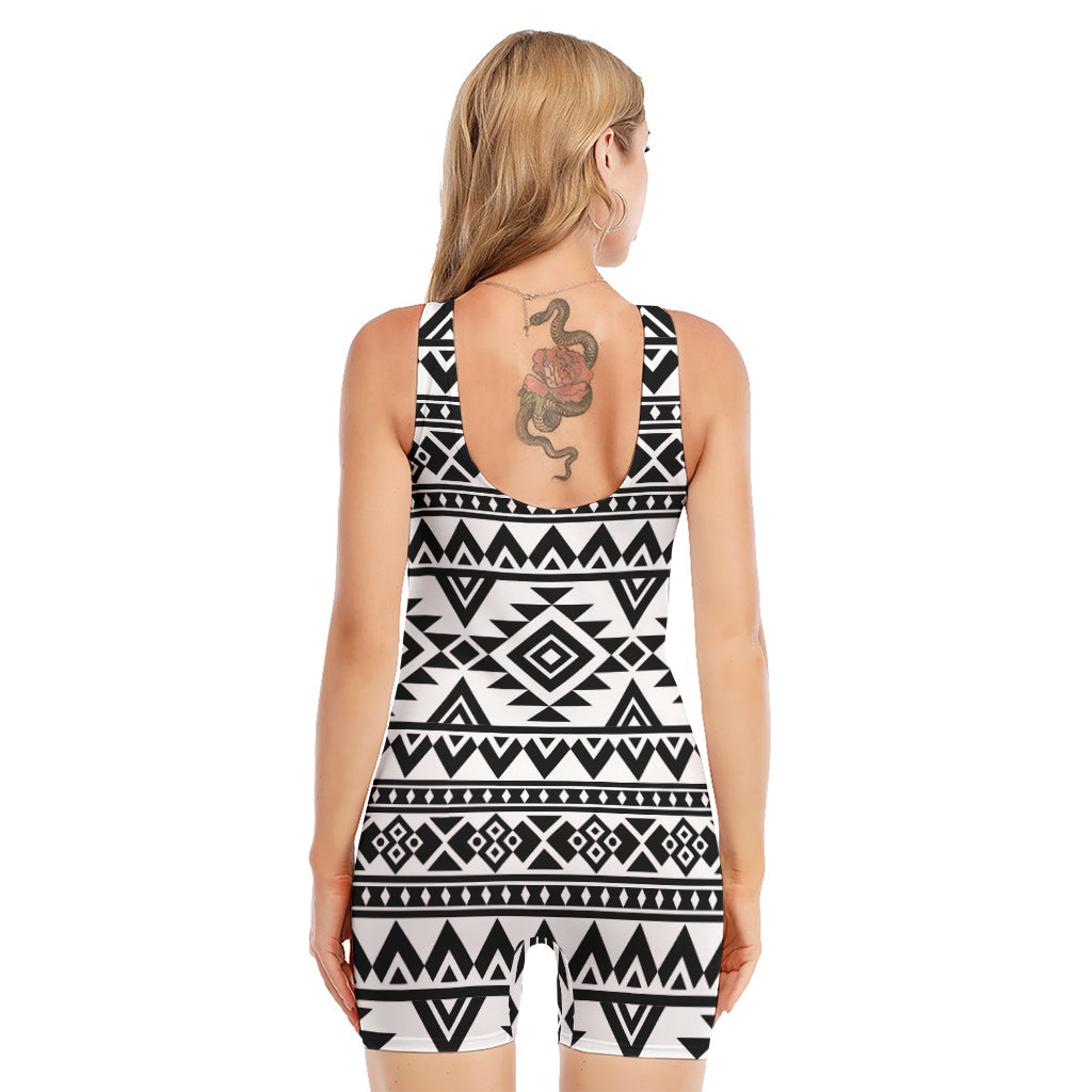 White And Black Aztec Pattern Print Sleeveless One Piece Swimsuit