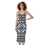 White And Black Aztec Pattern Print Slim Fit Midi Cami Dress