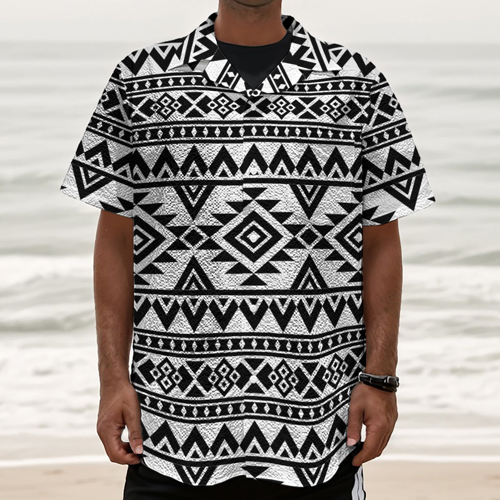 White And Black Aztec Pattern Print Textured Short Sleeve Shirt
