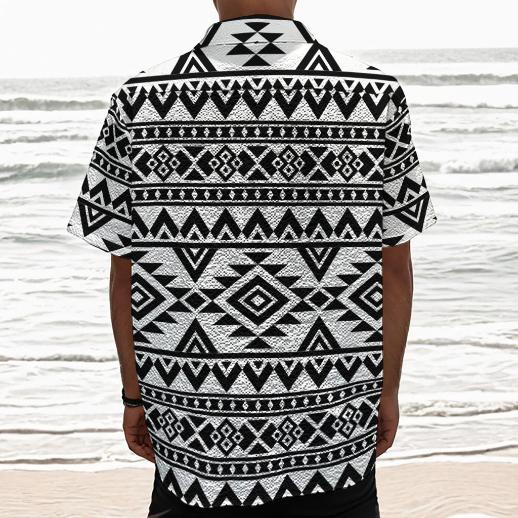 White And Black Aztec Pattern Print Textured Short Sleeve Shirt