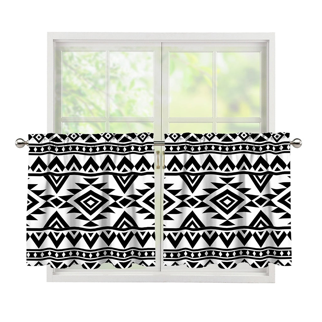 White And Black Aztec Pattern Print Tier Curtains