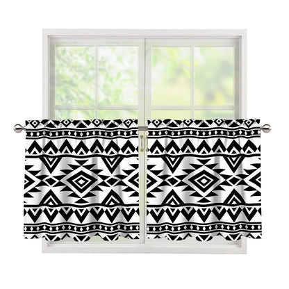 White And Black Aztec Pattern Print Tier Curtains