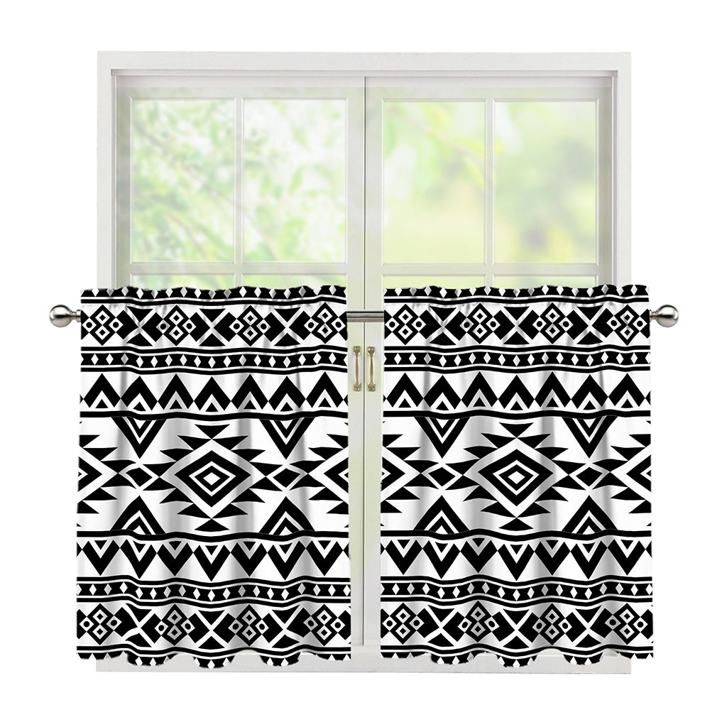 White And Black Aztec Pattern Print Tier Curtains