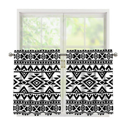 White And Black Aztec Pattern Print Tier Curtains