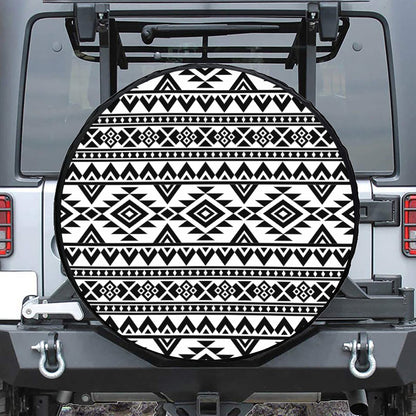 White And Black Aztec Pattern Print Tire Cover