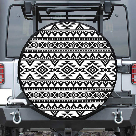 White And Black Aztec Pattern Print Tire Cover