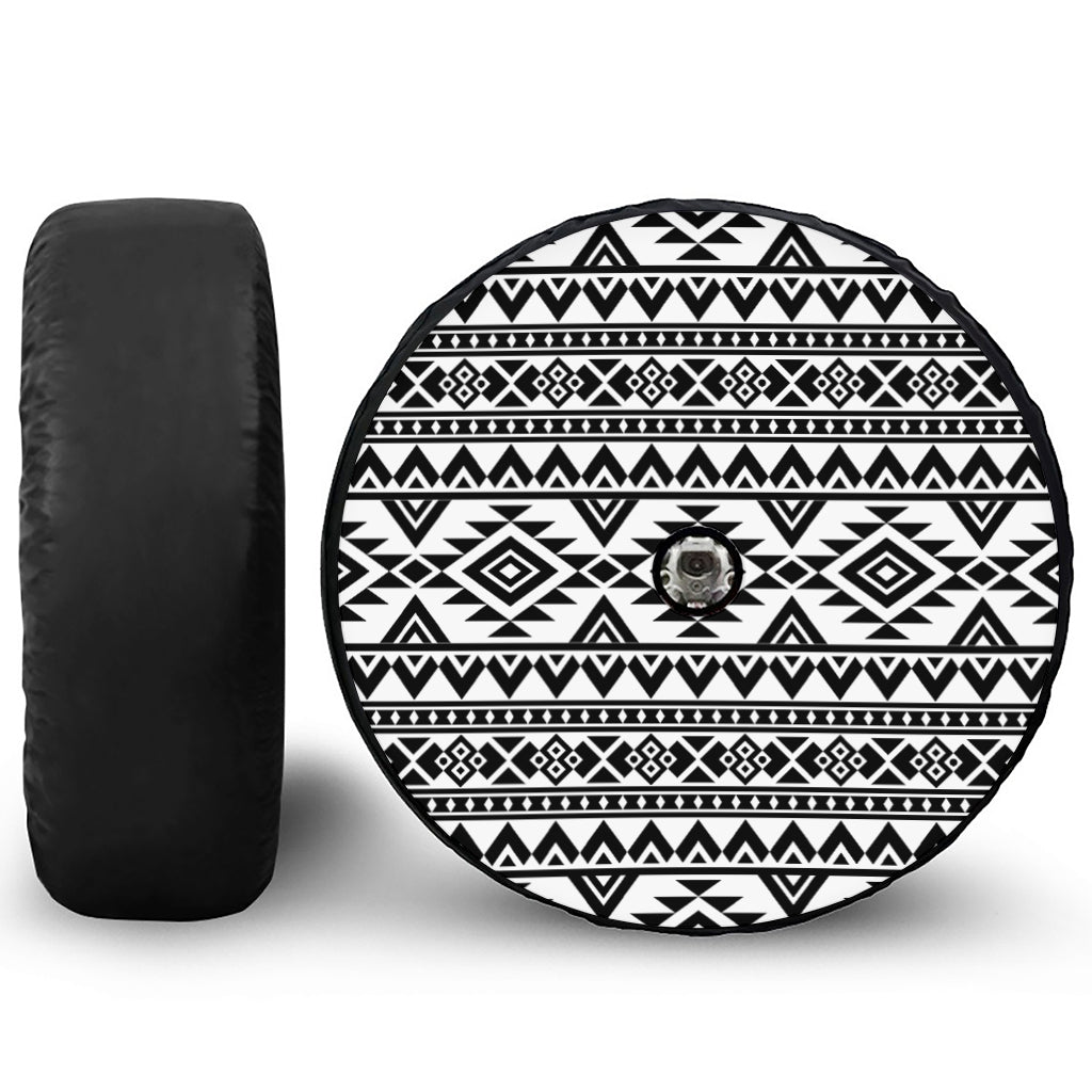 White And Black Aztec Pattern Print Tire Cover With Camera Hole