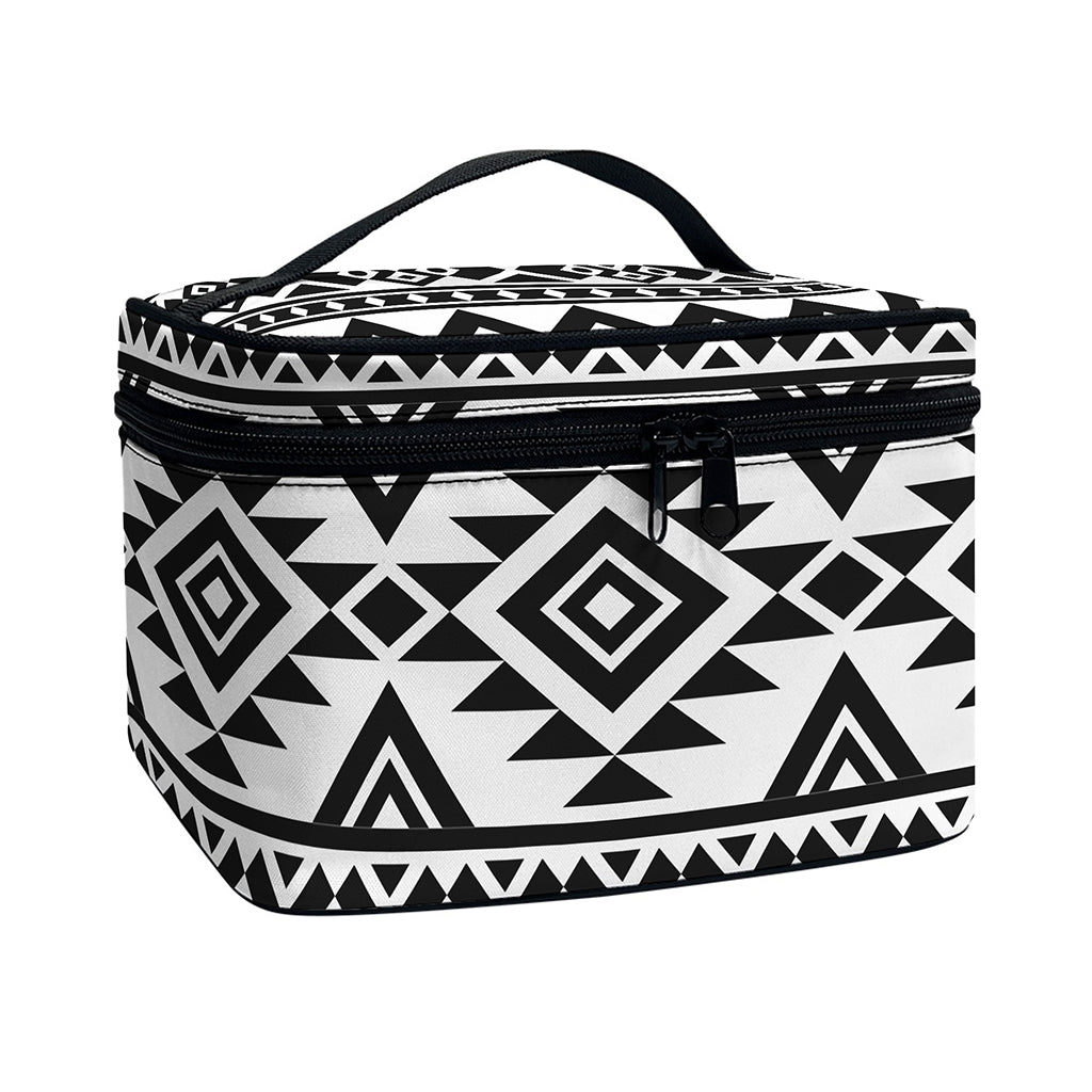 White And Black Aztec Pattern Print Travel Makeup Bag